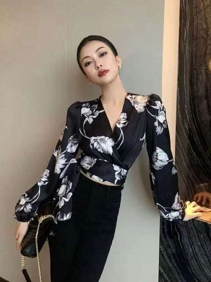 xsrrr Women's Blouse Sexy Asymmetrical Cool Floral Beautiful Top Ruffle Chiffon Trends Satin Shirt Woman Youth Casual