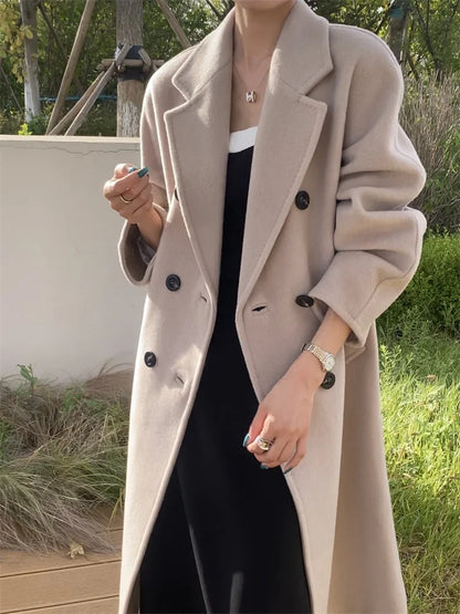 xsrrr High-end Double-sided Cashmere Coat Women Mid-length New Fashion Thick Double-breasted Long Sleeve Woolen Coat Fit Autumn Winter