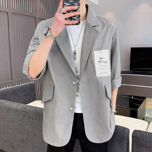 Three-quarter Sleeve Blazers Loose Casual Suit Summer Oversize Patch Design Solid Jackets Classic Simple Trend  Male Clothes