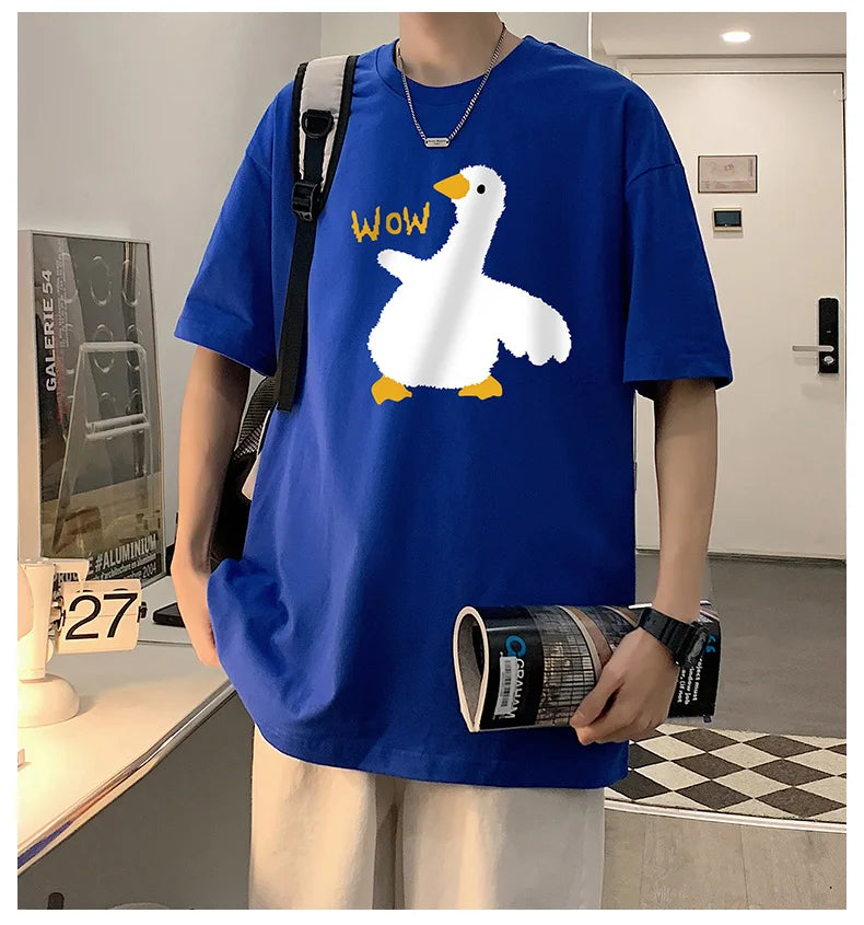 Summer Men's Cotton T-Shirt Funny Goose Print Cartoon Short Sleeve Tops O-Neck Tees Y2k 2024 Anime Casual Oversized T Shirts Men