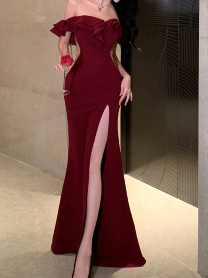 xsrrr Christmas DRESS TO IMPRESS Sexy Bodycon Long Dresses for Women Wedding Evening Party Prom Robe Ruffles Slash Neck High Split Hollow Out Summer New Vestido