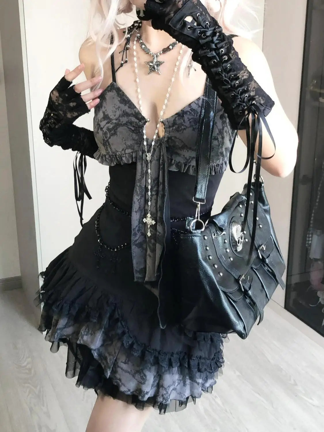 Goth Summer Sexy Dress Women Clothes Punk Streetwear Lace Sling Black Dark Slim short Dresses Hot Girl High Waist Y2k Mini Dress