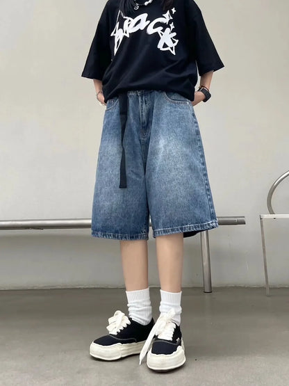 High Street Retro Blue Jeans Shorts Summer New Baggy Wide Leg Denim Half Pants Fashion Streetwear Y2k Clothing Oversize Man