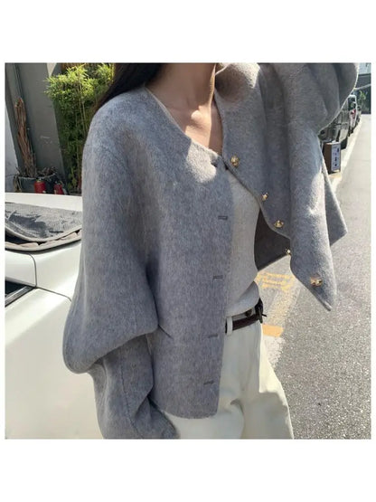 xsrrr Short Woolen Jackets Autumn/Winter Korean-Style Metal Single Breasted Round Neck Loose Rabbit Hair Women Wool Coats