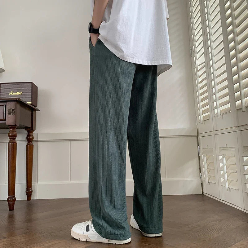 Summer Pleated Pants Men Fashion Oversized Ice Silk Pants Men Streetwear Loose Straight Pants Mens Baggy Trousers M-3XL