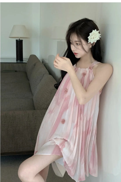 xsrrr Pink Chiffon Sexy Strap Dress Women Korean Sleeveless Sweet Fairy Dress Women 2024 Summer Beach Casual Beach Evening Party Dress