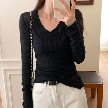 xsrrr Spring and Autumn New Pink V-neck Slim Fit Knitted Thin Solid Sexy Long Sleeve Pullover T-shirt 6 Colors Tight Women's Top