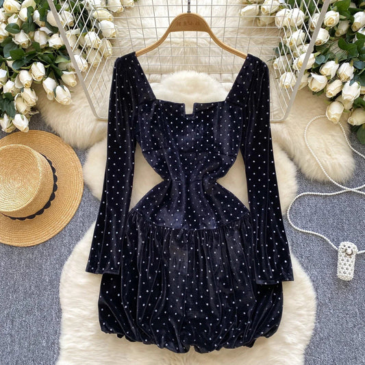 Hnewly DRESS TO IMPRESS Elegant Square Neck Vintage Long Sleeve Chic Polka Dot Slim Velvet Dresses French Fashion Evening High Street Autumn Clothing