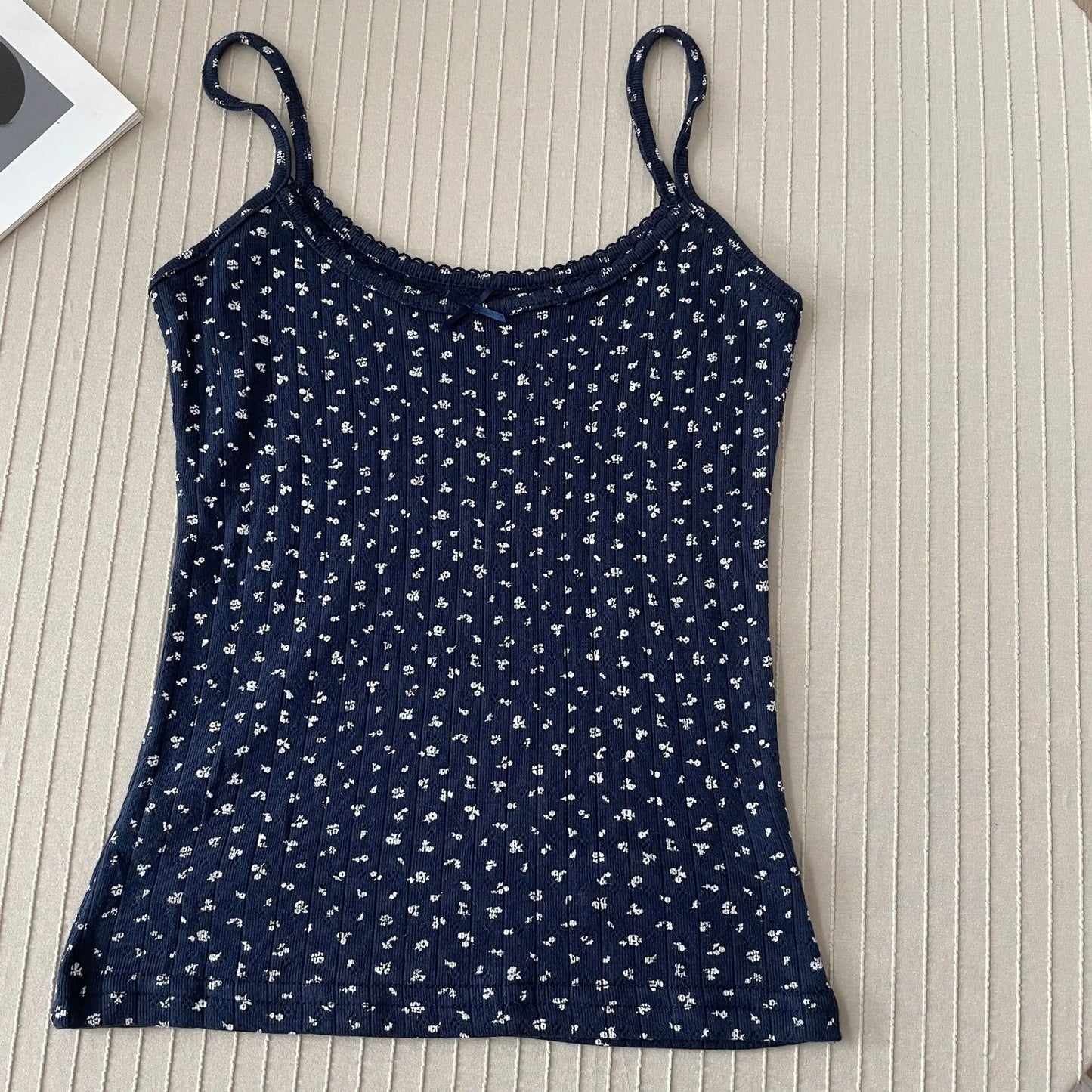 xsrrr Floral Eyelet Bow Cotton Crop Tops Summer Lace Trim Sleeveless Slim Tank Top Women Preppy Style Sweet Camisole Y2k Clothes