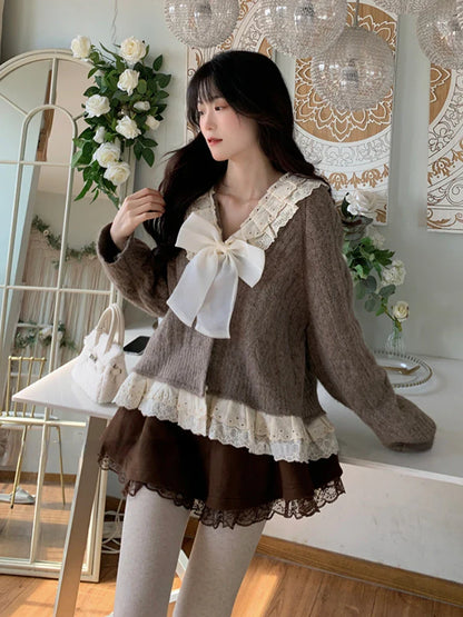 xsrrr BACK TO SCHOOL OUTFIT Kawaii Ruffles Knitted Cardigan Women Winter Bow Japanese Lace Warm Sweet Sweater Female Single-breasted Korean Casual Tops