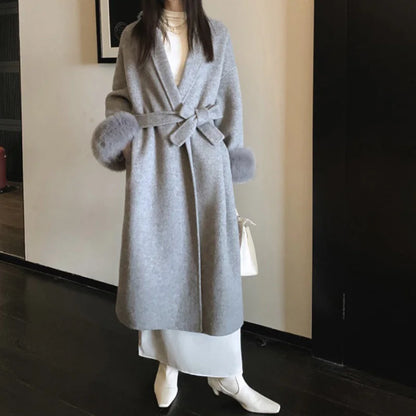 xsrrr Winter New Women Double-sided Wool Lace-up Coat Cuffs Removable Fox Fur High Quality Double-sided Cashmere Woolen Coat Female