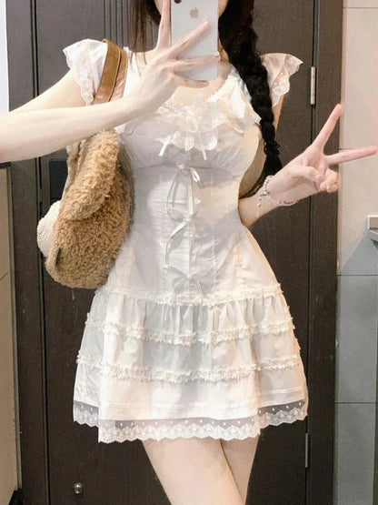 xsrrr Y2k Coquette White Lolita Sweet White Kwaii Cute Mini Dress Women Lace Bow Princess Slip Lace Short Dresses 2024 Fashion