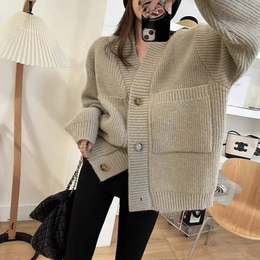 xsrrr WINTER OUTFITS Oversize Casual Cardigan Sweaters Women Korean Big Pockets Long Sleeve Knitted Coat V Neck Vintage Lazy Wind Female Tops