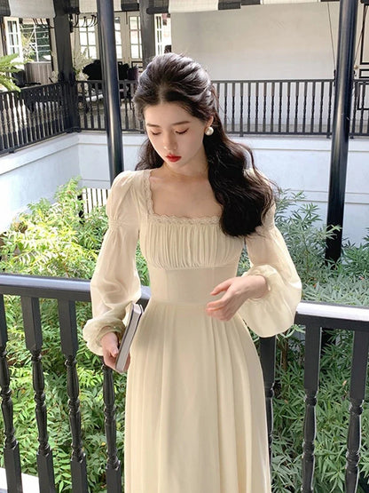 xsrrr Spring French Elegant Solid Midi Dress Woman Long Sleeve Fairy Party Dresses Casual One Piece Dress Korean Female Fashion