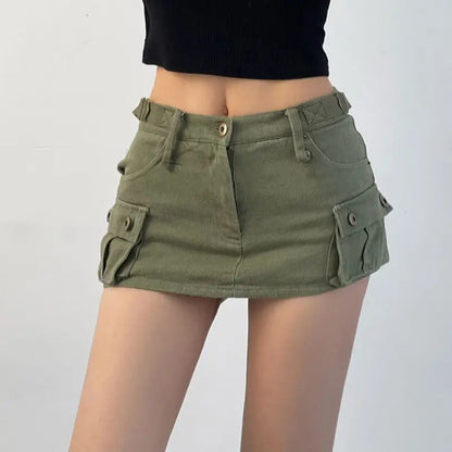 xsrrr Denim Cargo Mini Skirt Women Korean Style Low Waist Slim Sexy Vintage Streetwear Green Jean Skirt Y2k Girl Summer