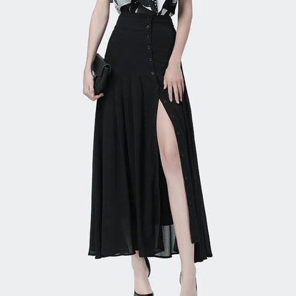 Hnewly Summer Chiffon Pleated Skirt High Waist Slim A-line Skirt Women High Quality Elegant Over-the-knee Slit Ladies Long Skirt Party