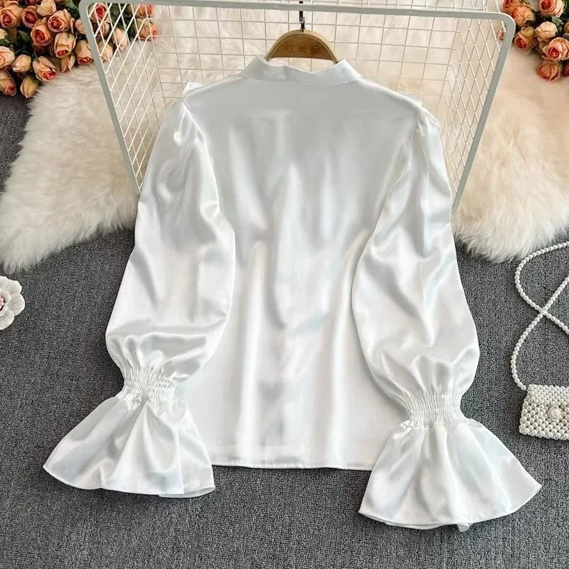 xsrrr Vintage Solid Blouses Women Elegant Acetate Satin Stand Collar Flare Sleeve Design New Chic Sweet Loose Ruffles Female Mujer