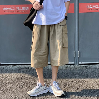 Casual Cargo Pants Men Calf-length Letter Oversize All-match Baggy Wide Leg Trousers High Street Hip Hop Trendy Harajuku Chic