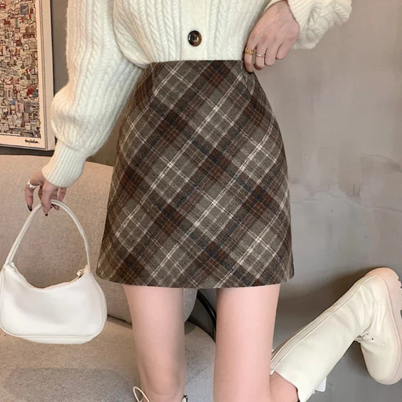 xsrrr Skirts Women Woolen Tender Fashion High Waist Retro Plaid Elegant A-line Casual Ladies Minimalist All-match Autumn Korean Style