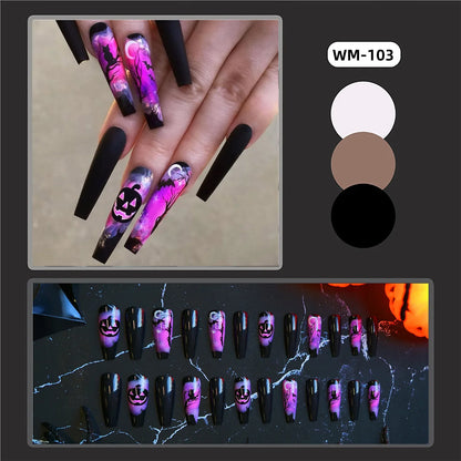 xsrrr 24pcs White Bones Long Pointed Fake Nail Patches Halloween Ghost Spider Webs Press on Nails for Girls Women Wearable Detachable