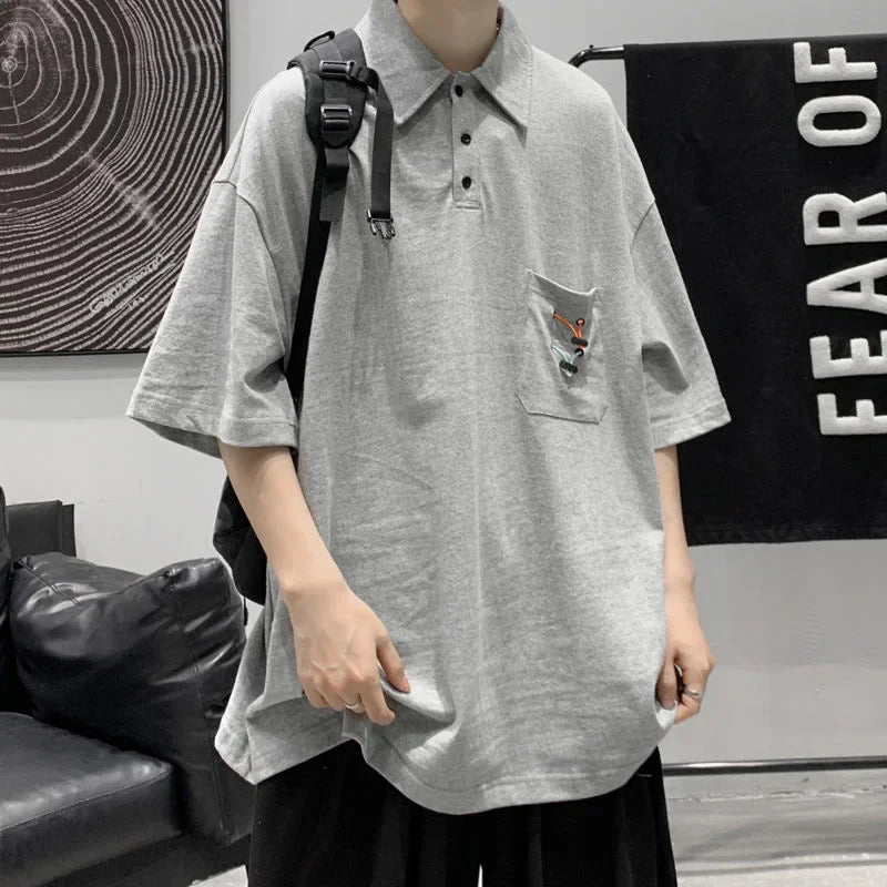 Solid Color POLO Shirt Casual Versatile Fashion Loose Short Sleeve T-Shirt Summer Oversize Lapel Classic Men's Clothes Thin