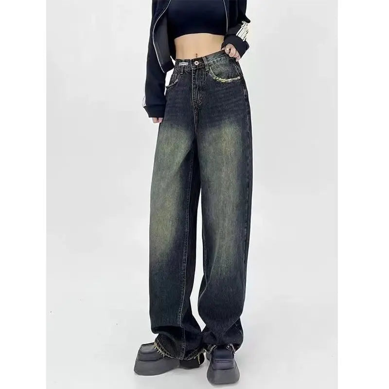 xsrrr Wide Leg Jeans Women Elegant Casual Korean Fashion Style High Waist Daily Retro Washed Vintage Streeetwear Chic All-match Basic