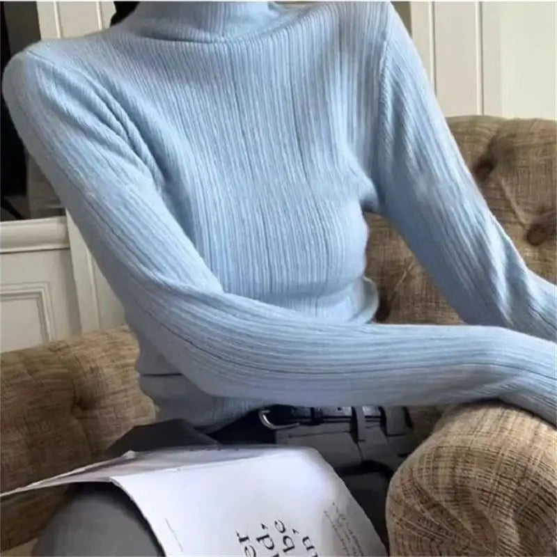 xsrrr Woman Fashion Casual Half High Collar Long Sleeve T-shirt Female Skinny Bottoming Shirt Autumn Ribbed Top Y2K Chic Clothes