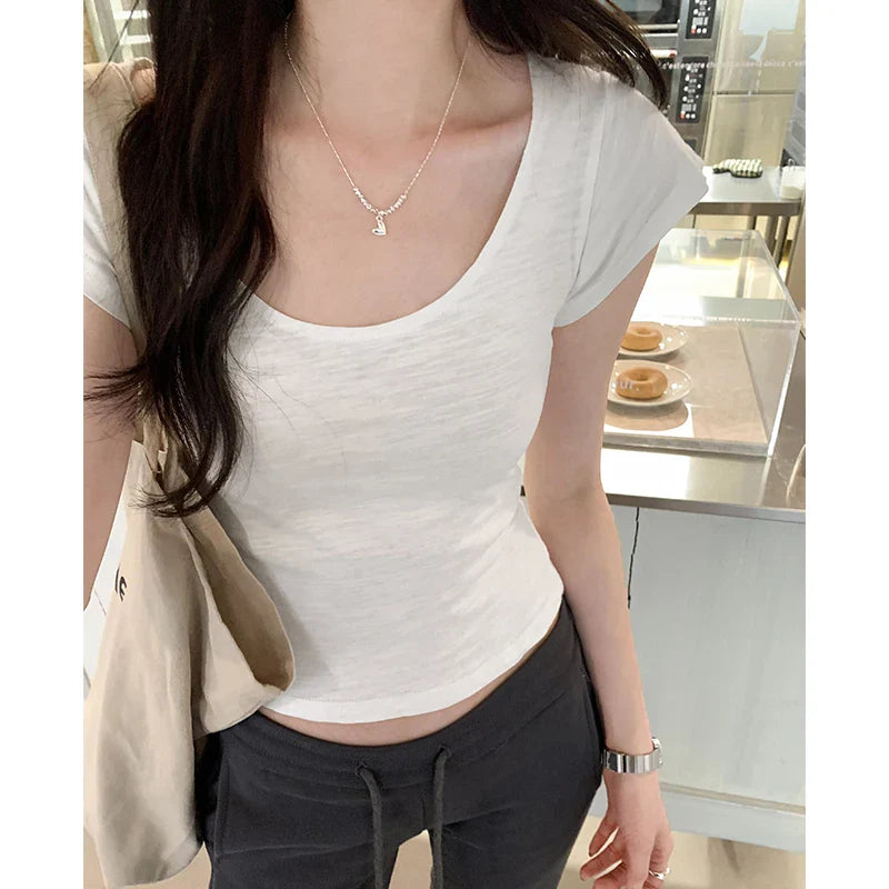 xsrrr Solid Basic Round Collar Short Sleeve T Shirts Womens 2024 New Summer Cozy Slub Cotton Slim Tee Shirt Female Casual Short Tops