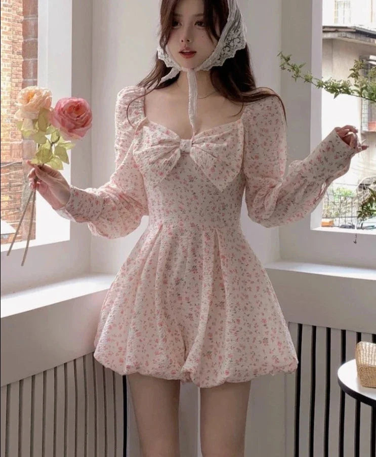 xsrrr Japanese Sweet Floral Lolita Dress Women Bow Chic Elegant Beach Party Dresses Ladies Y2k Pink Kawaii Summer One-piece Dress