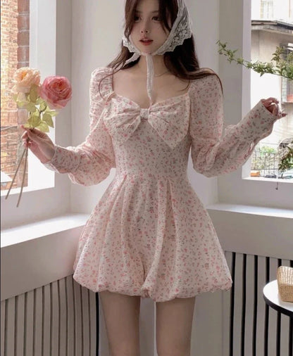 xsrrr Japanese Sweet Floral Lolita Dress Women Bow Chic Elegant Beach Party Dresses Ladies Y2k Pink Kawaii Summer One-piece Dress