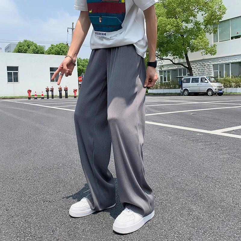 Summer Pleated Pants Men Oversized Gray Black Casual Trousers Men Japanese Streetwear Loose Wide Leg Pants Mens Ice Silk Pants