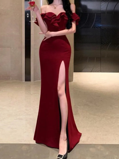 xsrrr Christmas DRESS TO IMPRESS Sexy Bodycon Long Dresses for Women Wedding Evening Party Prom Robe Ruffles Slash Neck High Split Hollow Out Summer New Vestido