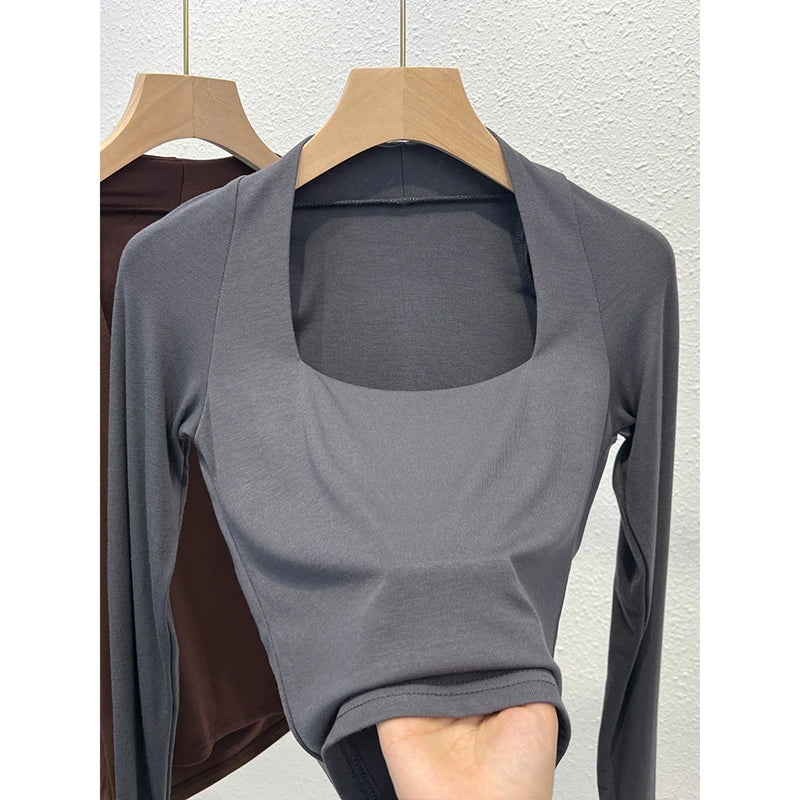 xsrrr Square Collar Warm Long Sleeve Tops Casual Women T Shirts Autumn Winter Skinny Sexy Solid Basic Crop Top Fashion Streetwear