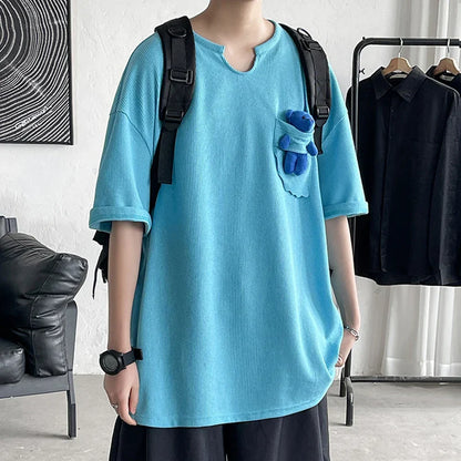 Waffle Short Sleeve T-Shirts Solid Color Pocket Doll Bear Design O-neck Tops Oversize Summer Men's Clothes Loose Casual Tops