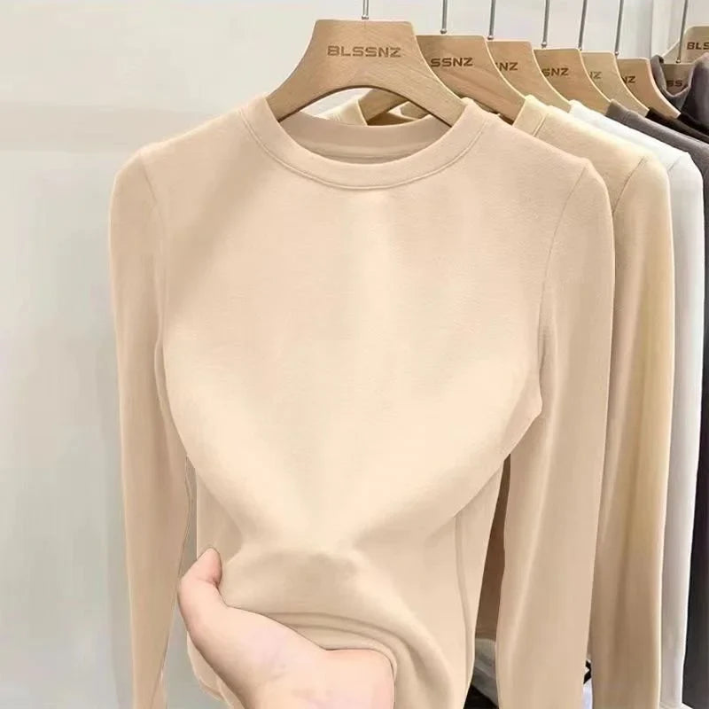 Hnewly Women Long Sleeve T Shirt Autumn Winter Solid Slim Fit Pullovers Tee Shirt  Female Basic Warm Clothes Streetwear Tops