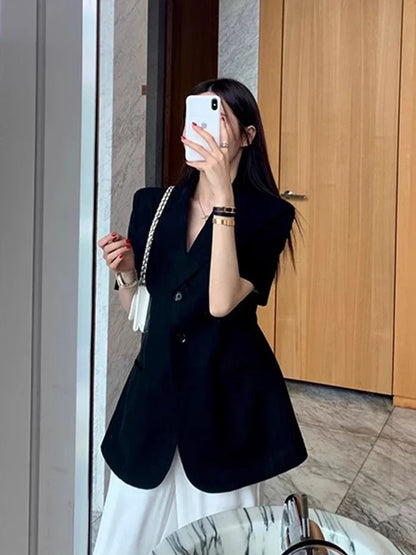 xsrrr Retro Suit Collar Single Breasted Women Short Sleeved Korean Chic Casual Slim Jacket Female Cotton Linen Jacket Top 2024 Summer