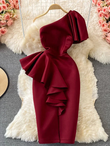 xsrrr Christmas DRESS TO IMPRESS Sweet Style Y2K Long Dresse For Women Three-dimensional Ruffles Split Diagonal Collar Dresses Spring Summer New