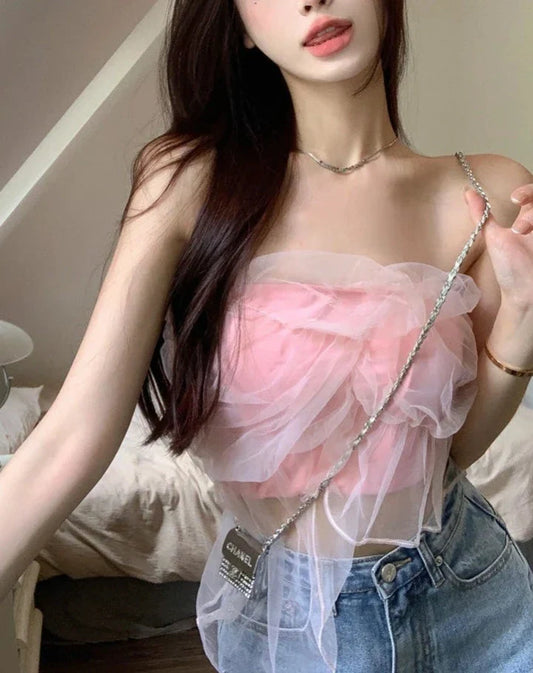 xsrrr Women Gauze Sweet Girl Strapless Korean Style New Crop Tops Ins Summer Slim Fashion Sexy Hot Lady Fit Club Wear Aesthetics