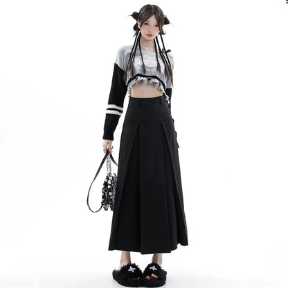 Hnewly Vintage Grey Suit A-line Skirt Women's Spring Autumn College Style High Waist Pleated Mid Length Skirt Femal