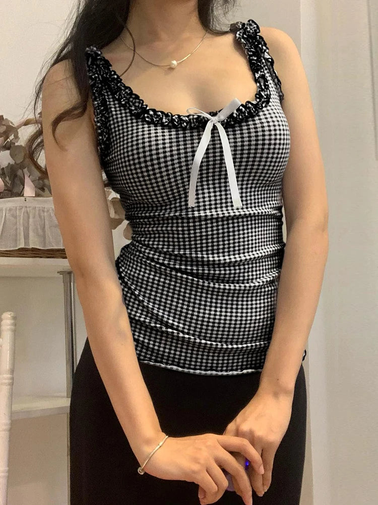 xsrrr Sweet Bow Ruffles Plaid Tank Top Slim Square Collar Sleeveless Tank Tops Women 2024 Summer Fashiion Streetwear Ladies