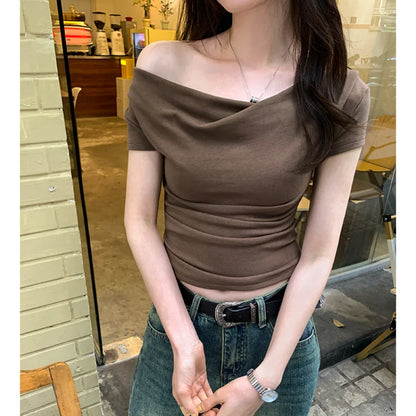 xsrrr New Sexy Sheathy V-neck Short Sleeve T-shirts Women 2024 Summer Fashion Slim Cropped Tops Woman Solid Casual Tees Tops