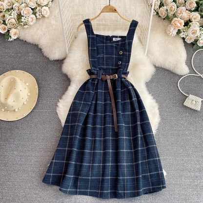 xsrrr DRESS TO IMPRESS Vintage Korean Two Piece Set Dress Women Autumn Winter Plaid Woolen Spaghetti Strap Dress With Belt Long Sundress Vestidos