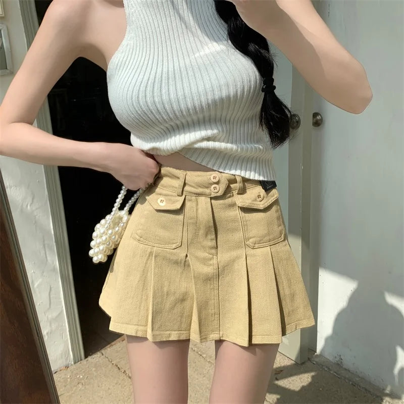 xsrrr Spicy Girl White Denim Skirt Chic High Waist A-line Ultra Short Skirts Women's 2024 Summer New Cool High Street Pleated Skirt