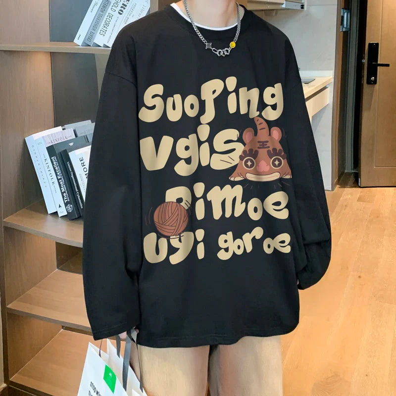 Letter Printing O-Neck Sweatshirt Men's Autumn Retro Cartoon Graphic Tops Oversize Couple's Fit Harajuku Y2k Sweatshirt Up To5XL