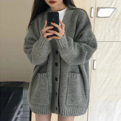 xsrrr Autumn Winter Women Cardigan Sweater Coats Fashion Female Long Sleeve V-neck Loose Knitted Jackets Casual Sweater Cardigans