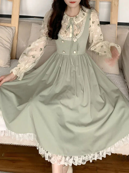 xsrrr DRESS TO IMPRESS Green Elegant Vintage Strap Dress Women Spring Lace Evening Party Midi Dresses Ladies Retro Korean Sweet Kawaii Fairy Dress