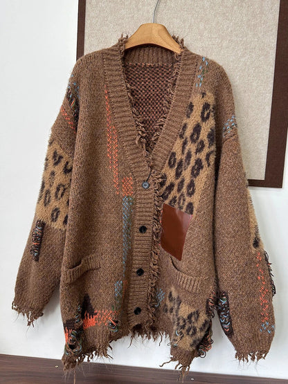 xsrrr Label Patchwork Leopard Cardigan Sweater Women Retro Ripped Tassels Button Down Knit Jacket Thick Warm Winter Outwear