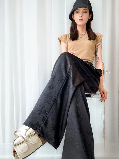 xsrrr New 2024 Spring Summer Wide Leg Loose Pants For Women Black Or White Color Chinese Style High Waist Jacquard Trousers Women