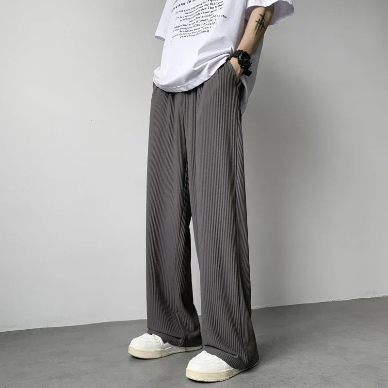 Summer Casual Pants Men Fashion Oversized Wide Leg Pants Men Trousers Streetwear Korean Loose Pleated Pants Mens Ice Silk Pants