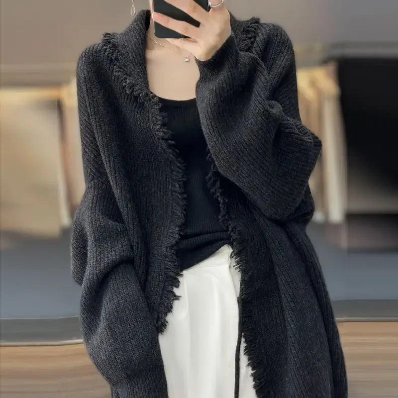 xsrrr Knitted Top for Women Black Cardigan Long Ladies Sweaters Jumper Korean Luxury Clothes Sleeve Autumn Winter 2024 Cashmere Trend